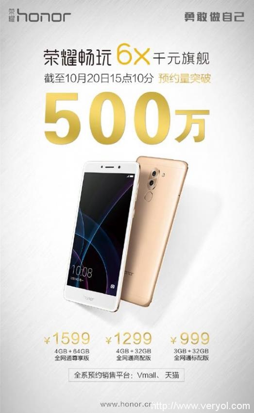 千元旗舰荣耀畅玩6X预约量突破500万台(图1)