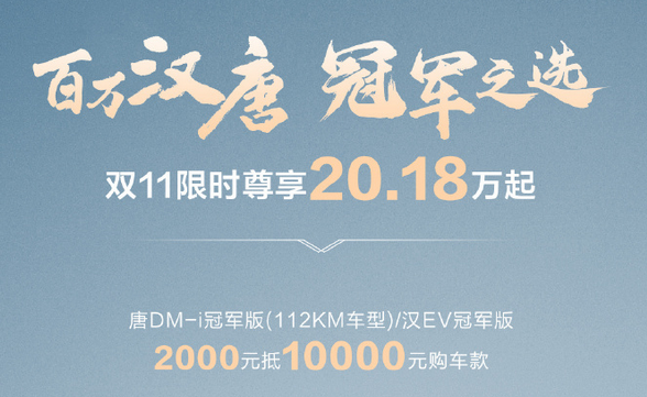 比亚迪唐/汉冠军版部分车型推出限时优惠：下订立减8000元