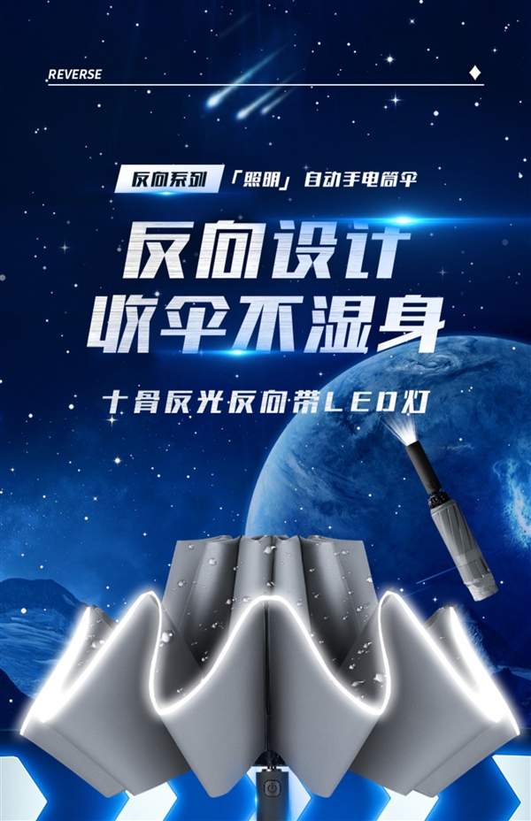 LED照明+反光伞边 大嘴猴反向全自动晴雨伞35.9元(立减80元)
