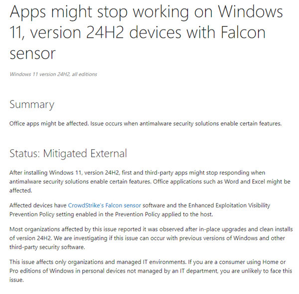 CrowdStrike又惹祸了！导致Win11 24H2应用崩溃卡死