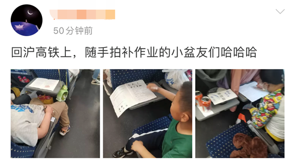 五一假期返程现特种兵式学习:小学生高铁小桌板上疯狂赶作业