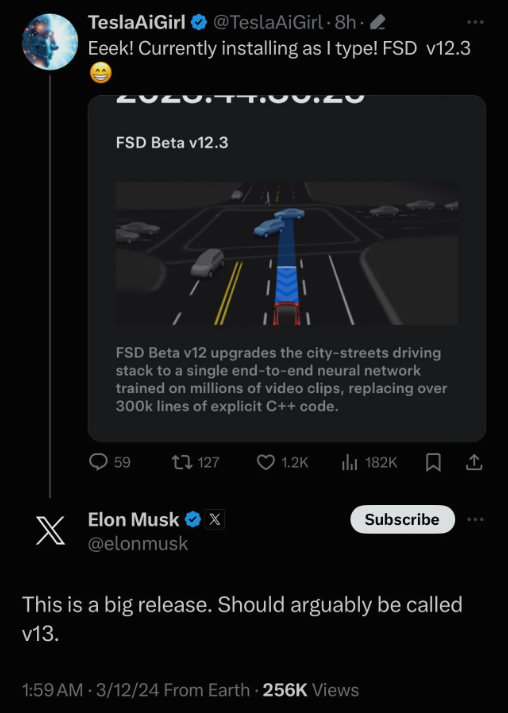 特斯拉FSD 12.3 Beta今日更新 马斯克：将是一次“重大发布”