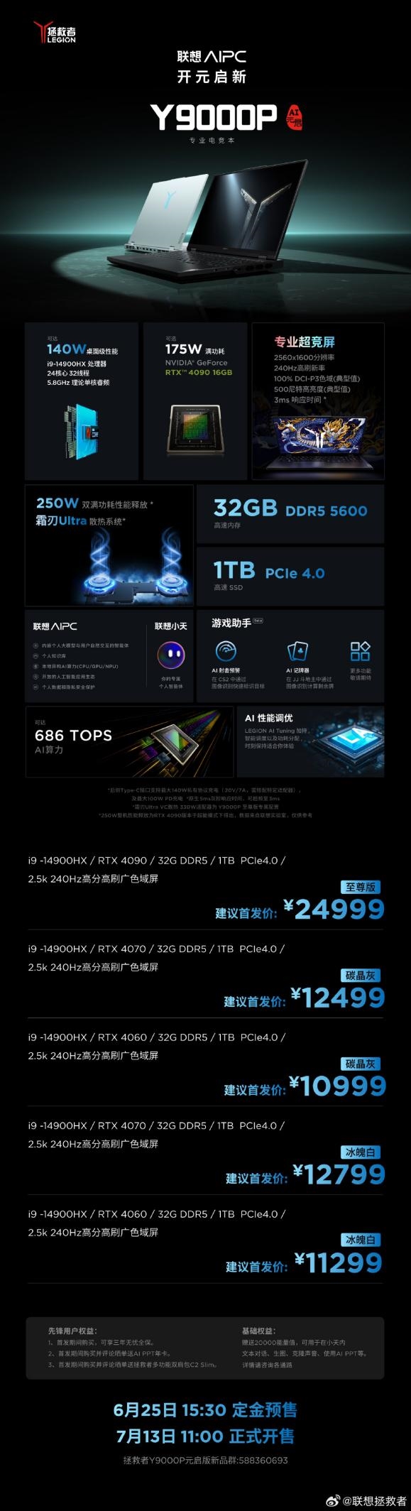 顶配24999元！联想拯救者Y9000P AI元启发布：最高RTX 4090、搭载小天智能体