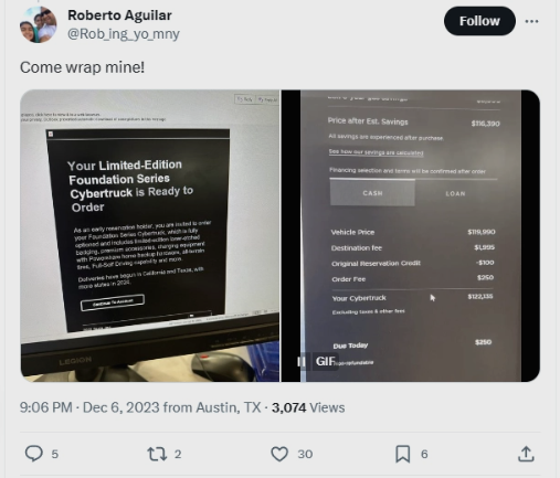 特斯拉推出Cybertruck 基础版车型：多花2万 优先提车