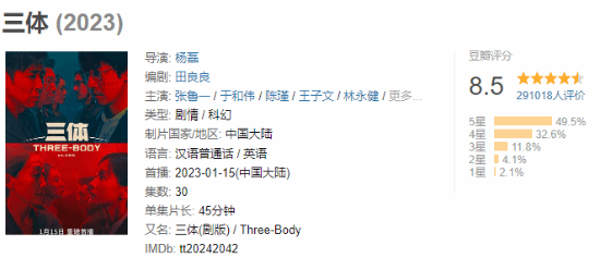 《三体》剧集豆瓣升至8.5分:真科幻剧还得看三体!