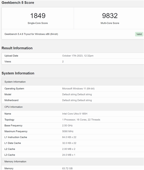 Intel顶级酷睿Ultra 9 185H首次出现！16核心冲到5.1GHz