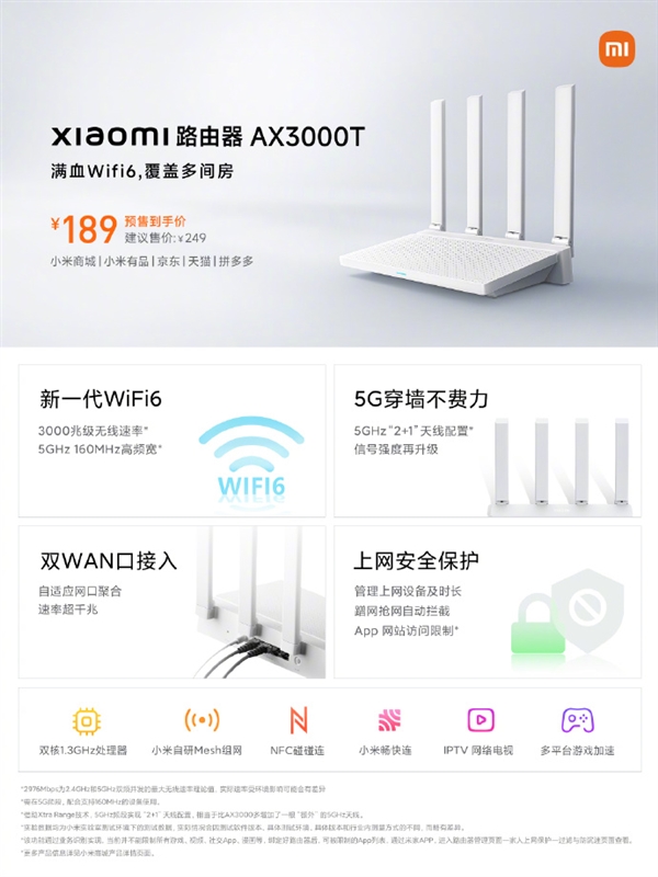 5G穿墙王！小米AX3000T Wi-Fi 6路由器发布：3000兆级 到手189元