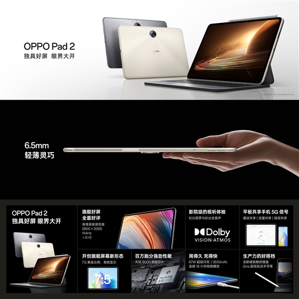 首创7:5黄金屏!OPPO Pad 2发布 2999元起