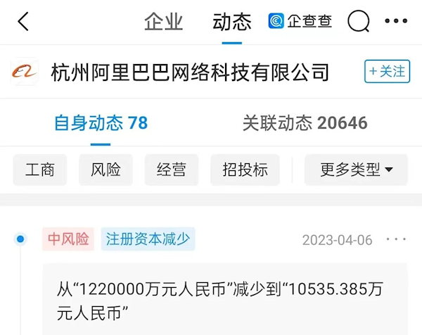 杭州阿里巴巴大动作:注资由122亿减至1亿