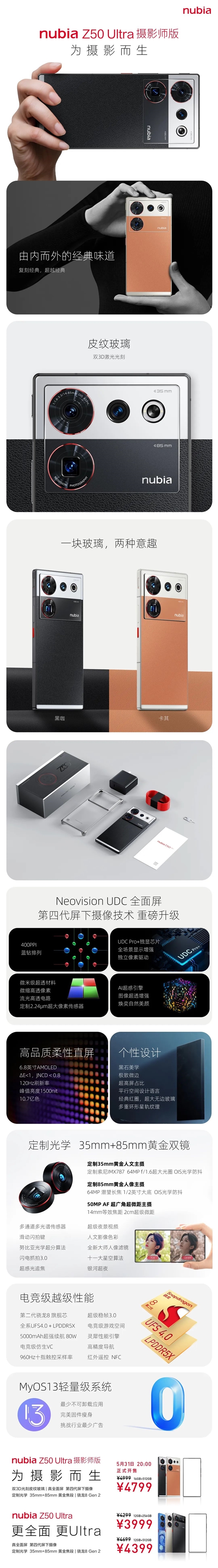 4799元开售!一图看懂努比亚Z50 Ultra摄影师版:玻璃“皮革”独一家