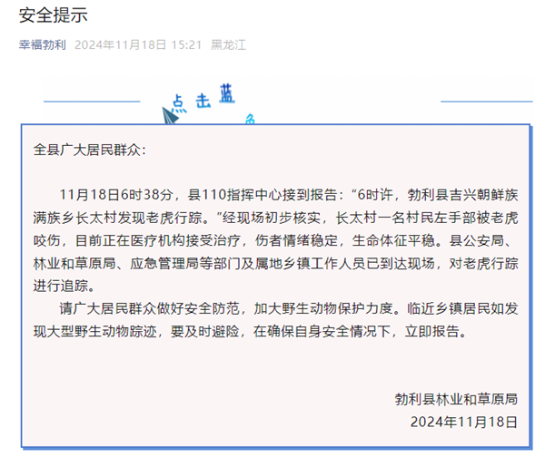 黑龙江老虎进村猛撞门 有人手被咬烂 官方通报：正在追踪