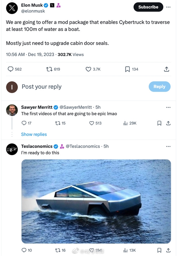 马斯克：特斯拉Cybertruck可以当船开、可横渡100米宽水域
