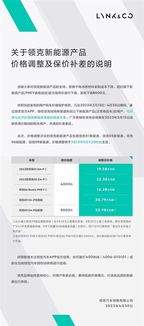 电池材料成本下降!领克新能源车今起最高降8000元:老用户补差价