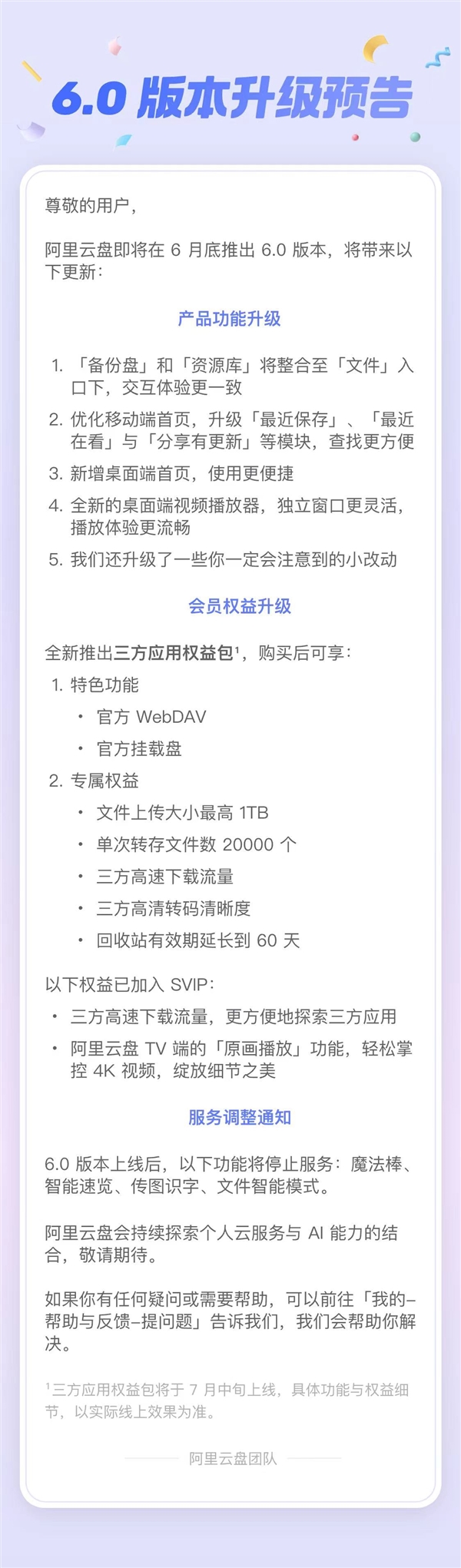 阿里云盘6.0即将发布：新增三方应用权益包 这些功能停止服务