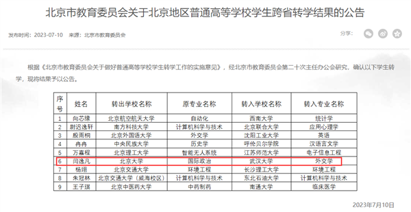 高考成绩湖北第十 北大生转学至武大：个人身体原因