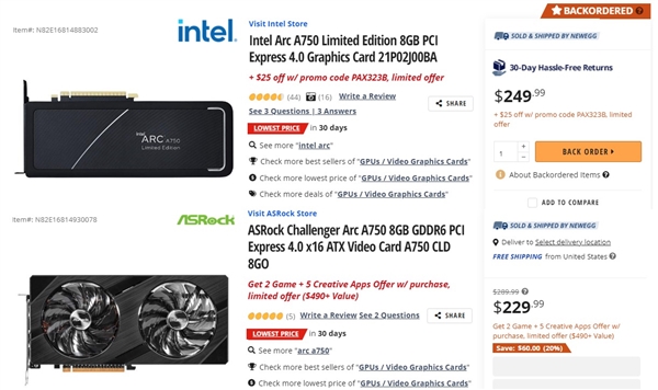 Intel Arc A750限量版显卡继续降价!AMD RX 6600 XT瞬间不香