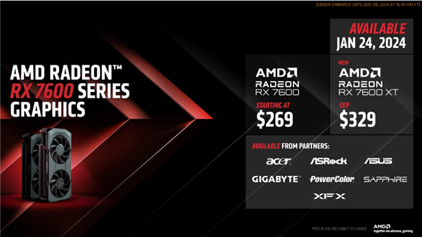 AMD推出Radeon RX 7600 XT显卡：6nm工艺制造、16GB显存