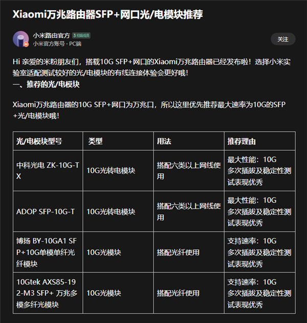 全屋10G光纤组网！小米官方推荐万兆路由器SFP+光/电模块