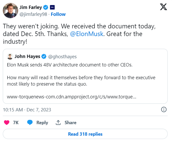 马斯克解决世纪难题后给车企CEO送出一本书：《如何设计48V汽车》