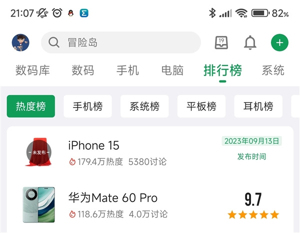 华为Mate 60劲敌出现！iPhone 15酷安热度第一