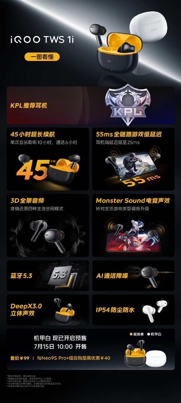 99元 iQOO TWS 1i真无线耳机发布：45小时超长续航