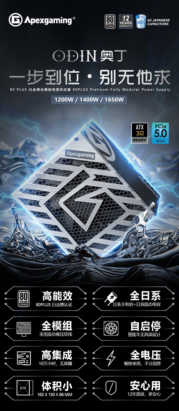 艾湃电竞发布千瓦ATX 3.0全模组电源奥丁系列：80 PLUS白金认证、可零噪音