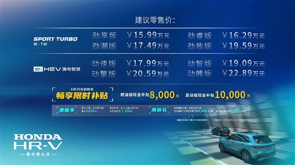 勇气可嘉!东风本田入门紧凑型SUV车型HR-V上市:顶配卖到近23万