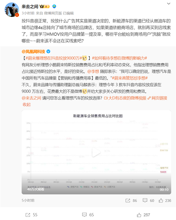 蔚来高管曝理想汽车在抖音投放9000万 微博CEO回应(图1) 蔚来高管曝理想汽车在抖音投放9000万 微博CEO回应