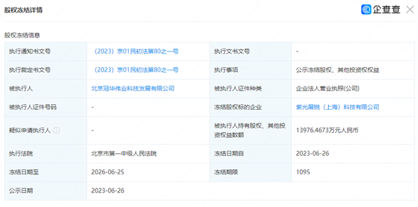 紫光展锐1.4亿元股权突然被冻结！时间长达3年