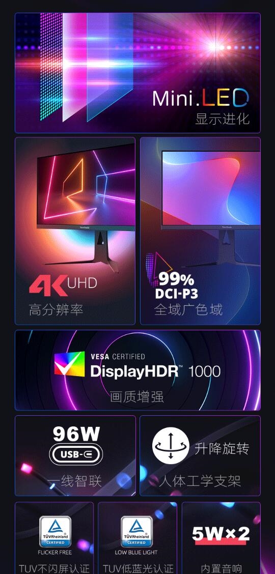 2999元 优派新款27英寸4K MiniLED显示器上架:96W反向供电