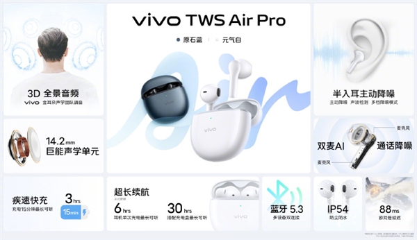 269元 vivo TWS Air Pro耳机发布:3D全景音频、续航长达30小时