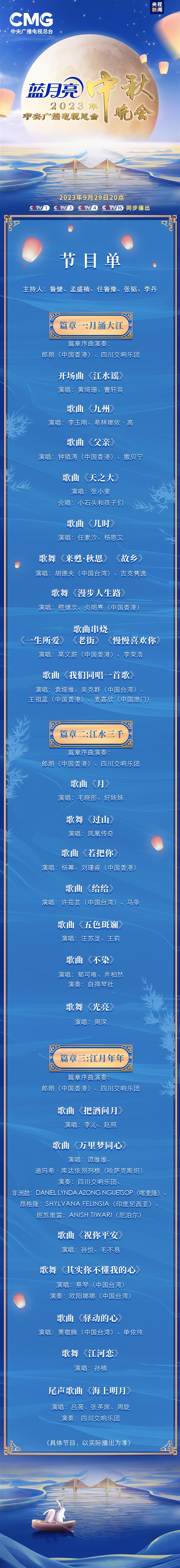 今晚8點見!央視2023中秋晚會節目單發佈:海內外同步直播