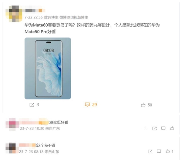 华为Mate 60系列曝光：灵动岛设计 网友认为比Mate 50 Pro更好看