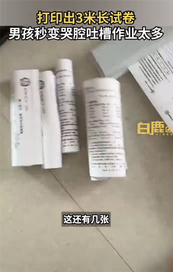 打印出3米长试卷9岁男孩秒变哭腔 这作业太多了：网友热议小学有必要吗？