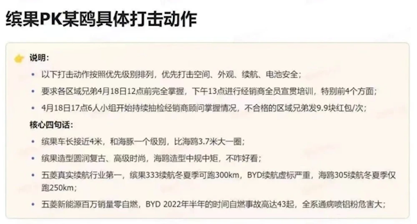 五菱缤果营销比亚迪海豚话术曝光:颜值高、空间大