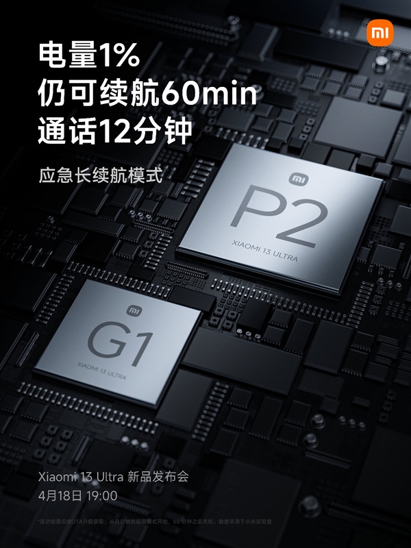 小米13 Ultra搭载澎湃P2/G1芯片：支持应急模式 1%电量续航60分钟